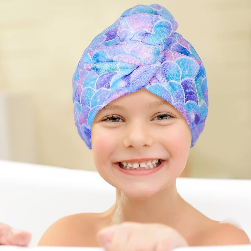 Basumee Microfiber Hair Towel Wrap for Kids 2 Pack Rapid Drying Hair Towel with Button Hair Turbans for Wet Hair Wraps Head Towel Wrap for Women and Girls, Light Mermaid - Image 3